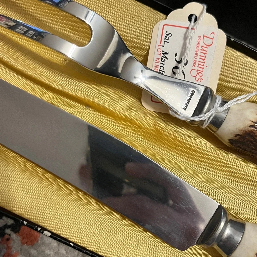 Vintage Remington Antler Handle Knife and Fork Set in Black and Gold Box - Picture 9 of 17